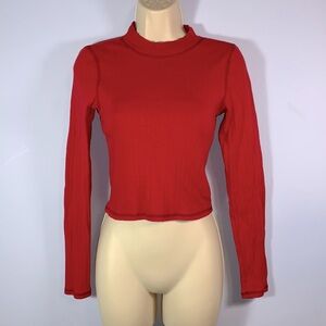 American eagle size small red mock neck long sleeve crop tshirt pointelle knit